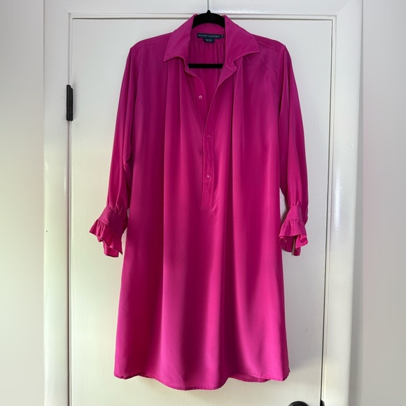 Ralph Lauren 100% Silk Button Front Shirt Dress Ruffle Sleeve Hot Pink Size 12 - Picture 1 of 6